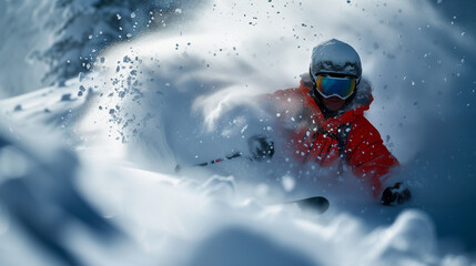 skier in red jacket and goggles skiing down a snowy slope
