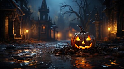 halloween background with scary flaming pumpkin carvings, dark background