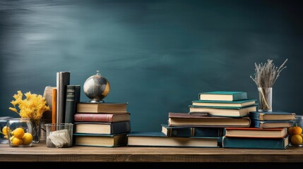 pile of books, stationery and apples on a wooden table with a minimalist background