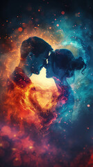 there is a couple that is kissing in the space