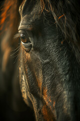 there is a close up of a horses eye with a black background