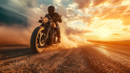 araffe riding a motorcycle on a dirt road at sunset