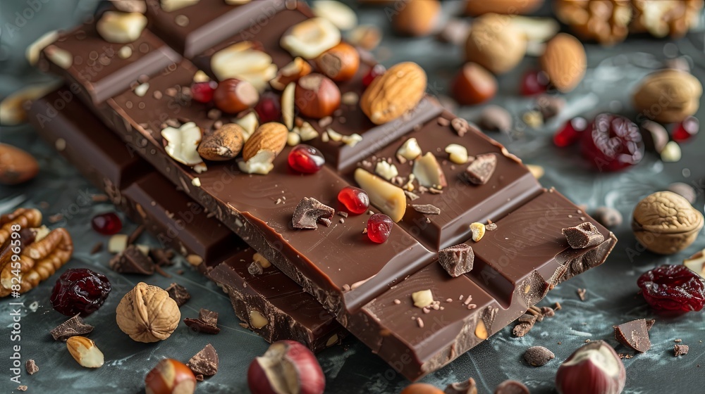 Poster detailed view of a chocolate bar filled with nuts and cranberries, showcasing rich textures and natu