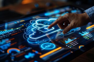 Fototapeta premium Hand interacting with glowing cloud lock on tablet highlights data security measures
