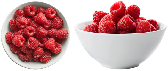 Raspberries in a white bowl bundle, top and front view, isolated on a transparent background