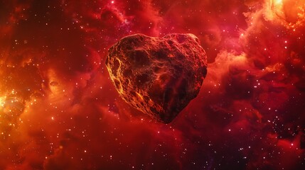 Heart-Shaped Asteroid in a Cosmic Red Nebula

