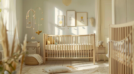 Scandinavian-inspired nursery with a natural wood crib, soft pastel tones, and whimsical mobiles. 
