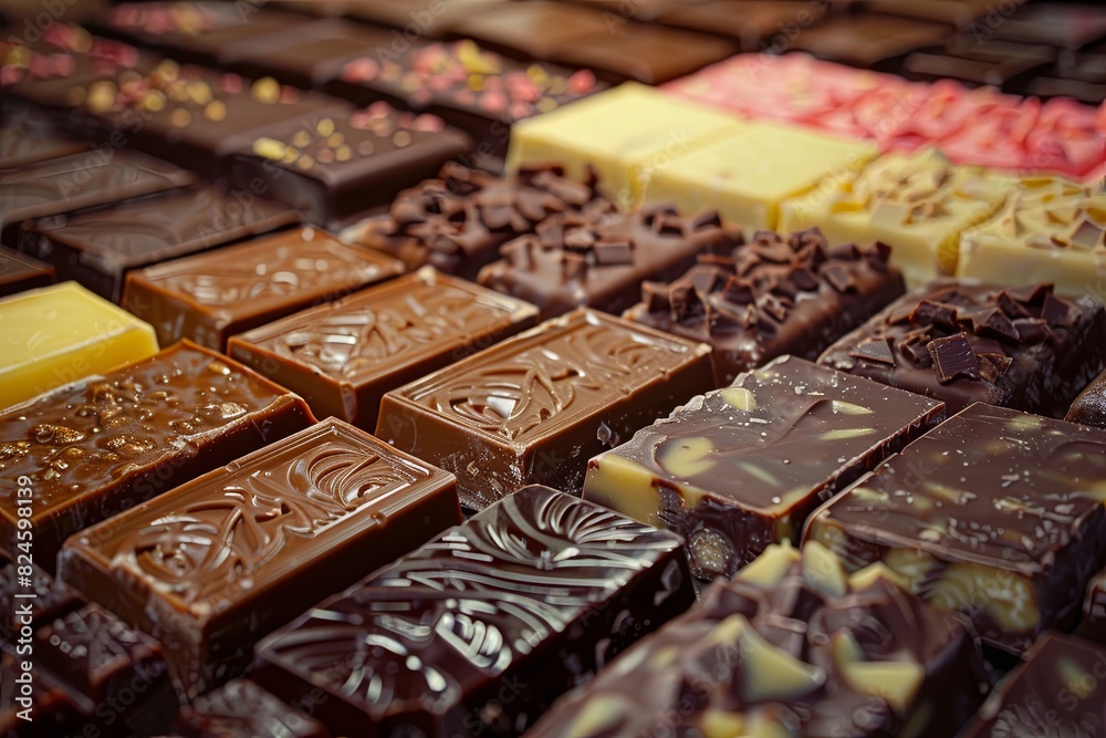 Poster Close-up view of various types of chocolate bars in rich colors and high detail, neatly arranged. Generative AI