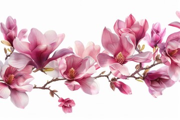 Naklejka premium Magnolia Flowers Border. Pink Blossoms on Spring Branch