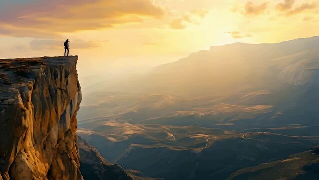 Person standing on a high cliff edge with a breathtaking view of a river and mountains during sunset. 4K slow motion video.