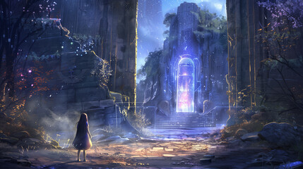 anime scene of a woman standing in a dark forest with a glowing door