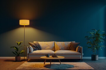 A living room with a sofa, coffee table and floor lamp against a dark blue wall. Brown wooden flooring