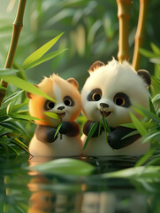 panda bears in the water eating bamboo leaves in a forest