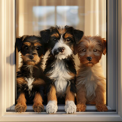 three dogs are sitting in a window sill looking out