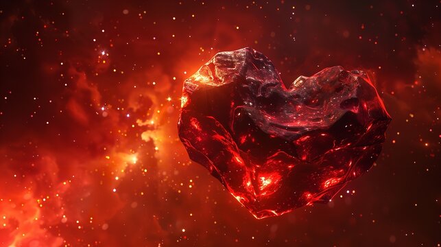 Heart-Shaped Asteroid in a Cosmic Red Nebula

