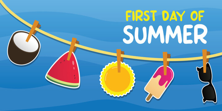 First Day of Summer. Great for cards, banners, posters, social media and more. Blue sky background.