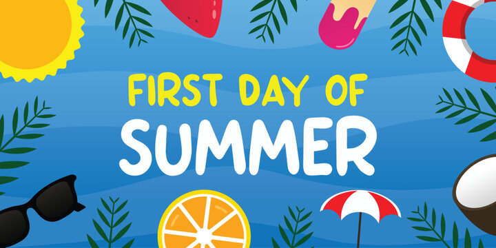 First Day of Summer. Sun, watermelon, glasses, ice cream and more. Great for cards, banners, posters, social media and more. Blue sky background.