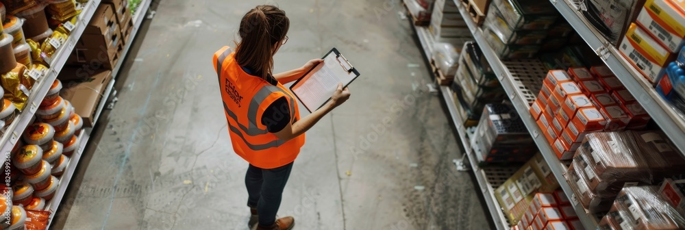 Poster A warehouse worker is performing inventory checks at a distribution center, ensuring safety and efficient storage management by wearing a highvisibility vest and using a clipboard