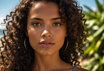 Close-up of a young woman with curly hair - Powered by Adobe