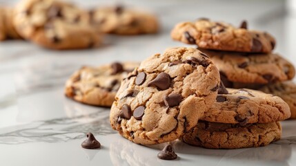 Fresh chocolate chip cookies in a delicious pile, on a glossy marble countertop, subtle shadows