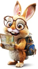 Rabbit traveler in glasses with backpack and map on white background