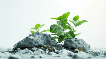 Small Green Plant Growing Among Rocks Representing Resilience and Growth