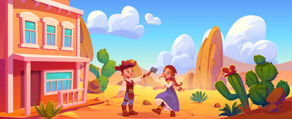 Fototapeta premium Kids dancing in wild west town. Vector cartoon illustration of western saloon building entrance, children in costumes standing in street, sandy desert background with exotic cacti, clouds in sunny sky