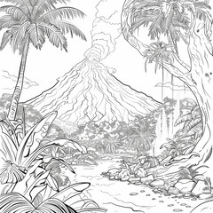 a black and white drawing of a volcano surrounded by trees