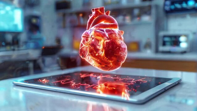 red holographic 3D heart with pulse lines above a large tablet lying on table in doctor's office