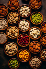 Variety of nuts in wooden bowls on table top.