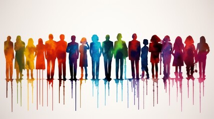 Colorful watercolor silhouettes of a row of people with a splash effect and vibrant hues.