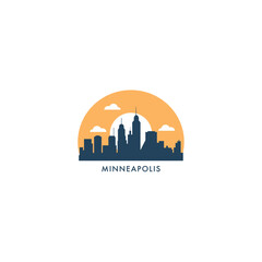 Minneapolis, USA city skyline and cityscape logo. Panorama, US Minnesota state icon with landmarks, skyscraper at sunrise, sunset. United States of America isolated graphic, vector flat