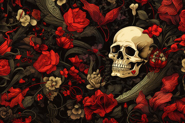 Skull surrounded by red flowers and leaves on black background.