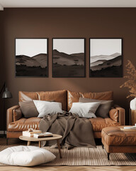 arafed brown leather couch in a living room with three framed pictures