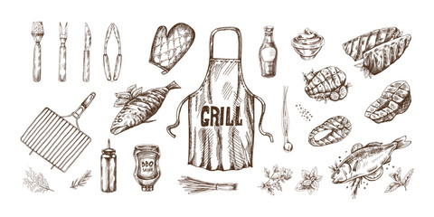 A set of hand-drawn monochrome sketches of barbecue and picnic elements, apron, barbecue grill, tools, grilled fish, fish steaks. For the design of menu of cafes. Doodle vintage illustration.