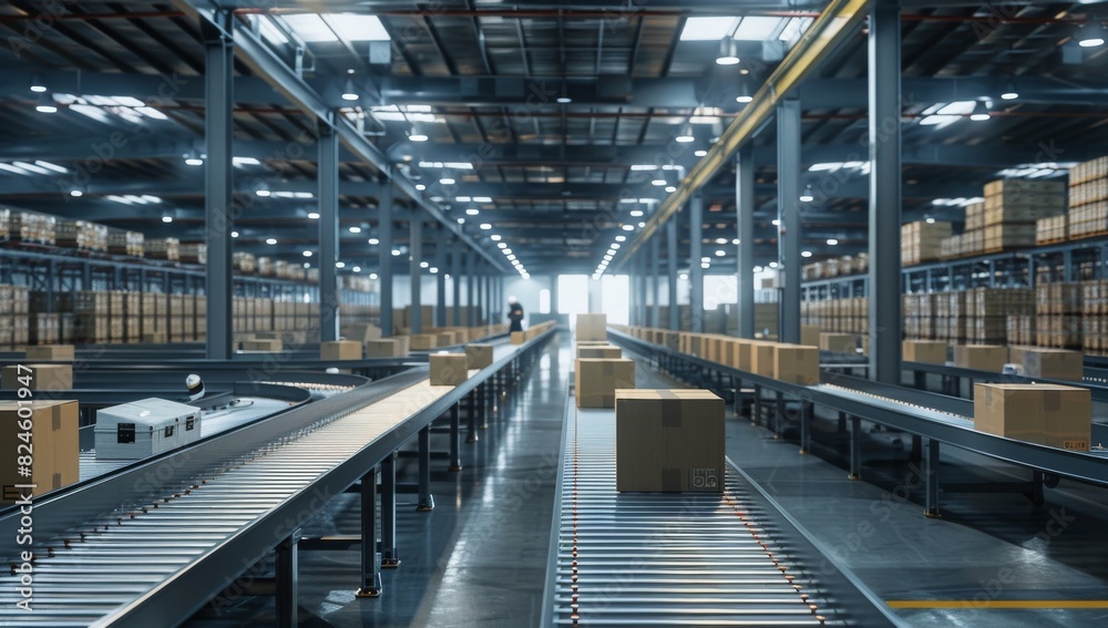 Aufkleber an advanced warehouse is outfitted with conveyor belts for box handling, and automated systems for e