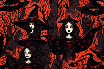 Group of witches with red eyes and black hair in forest.