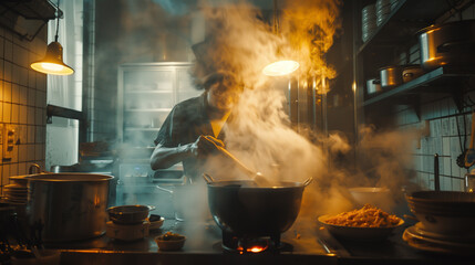 there is a man cooking in a kitchen with a lot of smoke