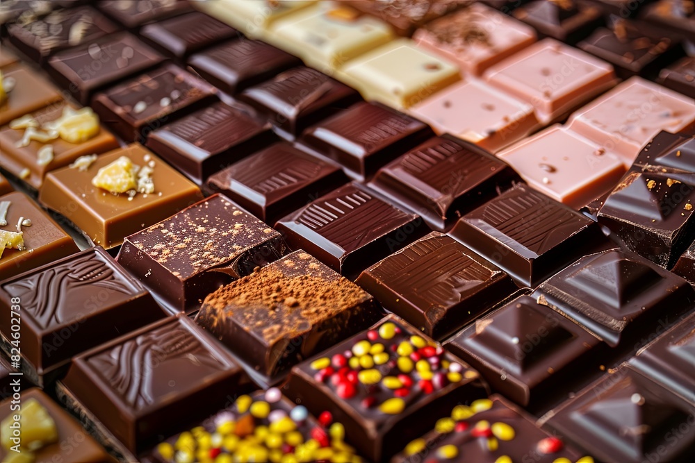 Poster Close-up view of a variety of chocolate bars with different flavors and types neatly arranged, showcasing rich colors and high detail. Generative AI