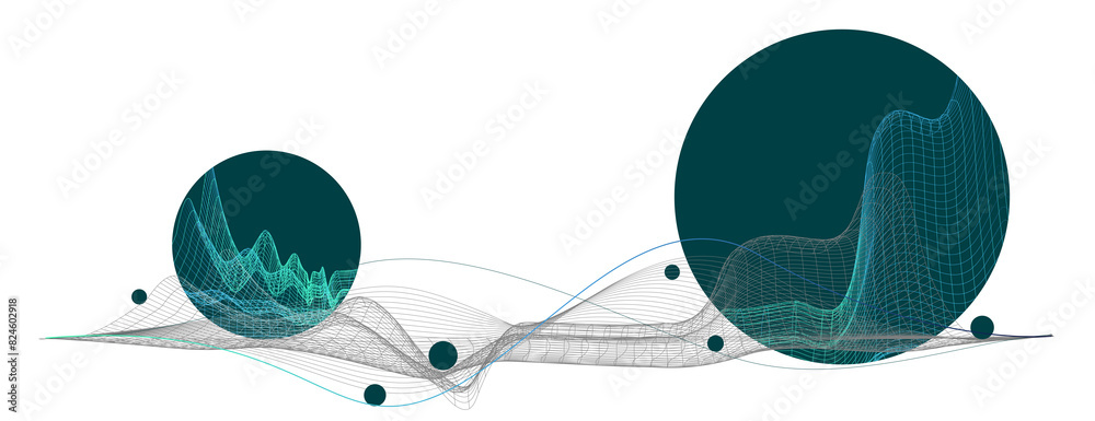 Poster abstract geometric wave design with spherical elements and grid lines on transparent background. ide