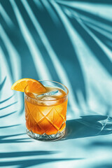 Chilled Drink with Orange and Ice in Old Fashioned Glass: Tropical Vibes with Palm Trees in the Background