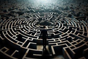 Man standing in maze in the middle of room.
