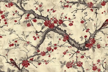 Vintage Engraving of Cherry Blossom Tree with Birds