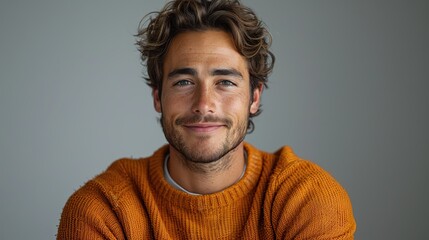 Obraz premium young man wearing orange sweater over isolated white background happy face smiling with crossed arms looking at the camera.illustration