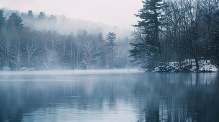 Scenic lake view enveloped in wintry mist set amidst natural surroundings
