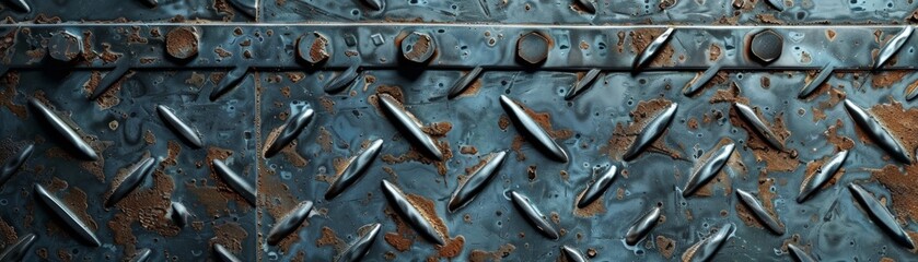 Fototapeta premium Blue metal diamond plate with rivets.