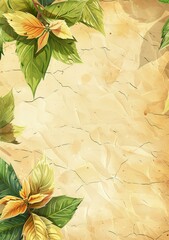 Green leaves and yellow flowers on a beige background