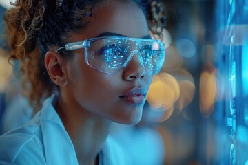 Close up of the face of a woman wearing protective glasses - Powered by Adobe