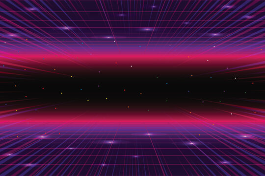 Retro Futurism Sci-Fi Background. glowing neon grid. and stars from vintage arcade computer games