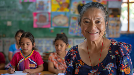 A smiling Mexican teacher in a vibrant classroom with young students engaged in their activities, showcasing the joy and dedication in education.
